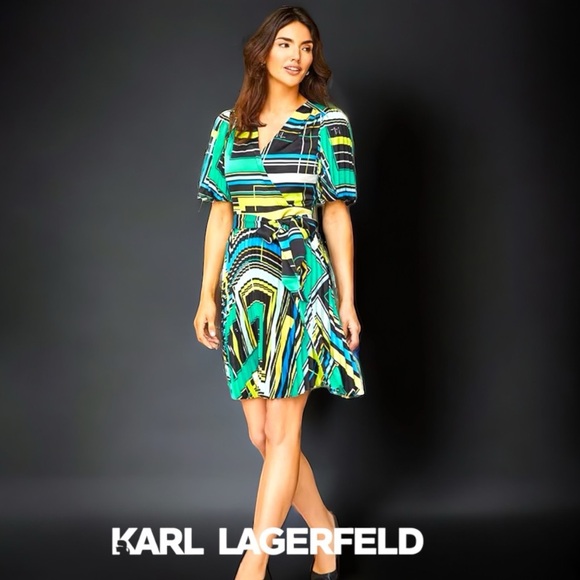 KARL LAGERFELD Geometric Surplice V Neckline Pleated Sleeve Wrap Dress, NEW - Picture 1 of 5